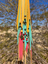 Load image into Gallery viewer, Long Clip Tassel - Saddle, Coral, Aqua and Mustard Cowhide Leather with Beaded Gemstone and Antique Southwest Charms
