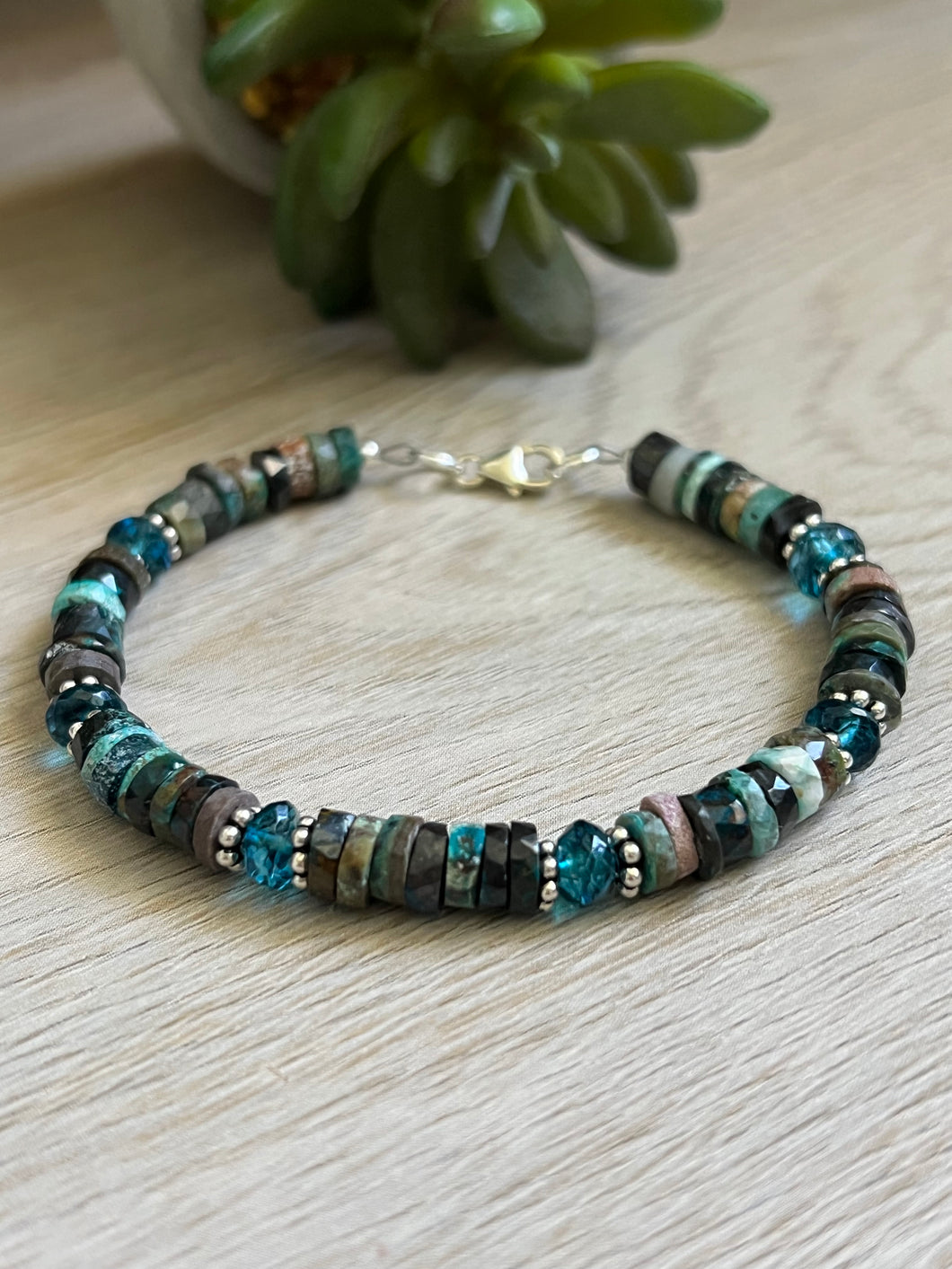 Handmade Sterling Silver Natural AAA Chrysocolla and Blue Apatite Gemstone Bracelet