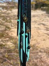 Load image into Gallery viewer, Long Clip Tassel - Black, Robin&#39;s Egg Blue and Black Cracked Ice Cowhide Leather with Beaded Charms and Antique Bonze Charms
