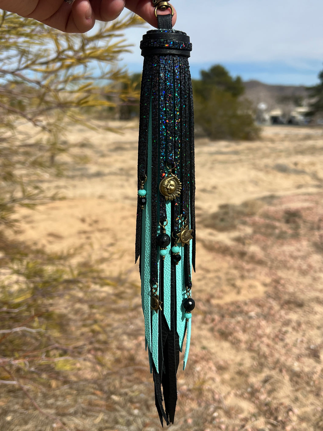 Long Clip Tassel - Black, Robin's Egg Blue and Black Cracked Ice Cowhide Leather with Beaded Charms and Antique Bonze Charms
