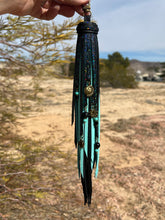 Load image into Gallery viewer, Long Clip Tassel - Black, Robin&#39;s Egg Blue and Black Cracked Ice Cowhide Leather with Beaded Charms and Antique Bonze Charms
