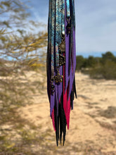Load image into Gallery viewer, Black, Raspberry, Purple and Oil Slick Cowhide Leather with Beaded Charms and Antique Bonze Charms
