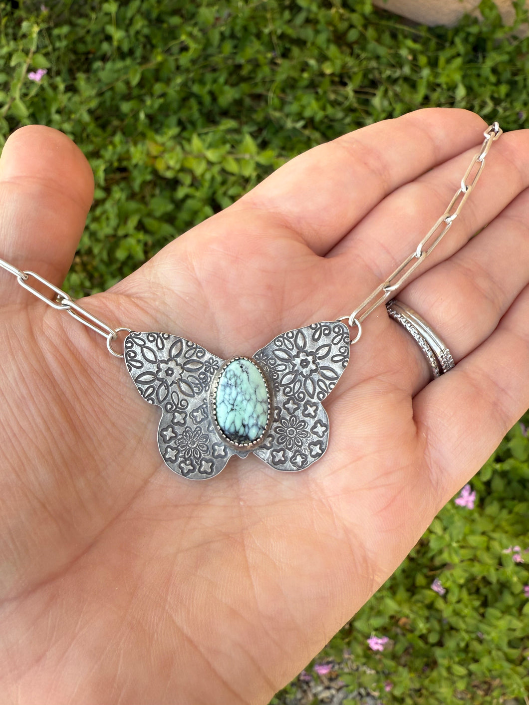 Hand Stamped Sterling Silver Prince Variscite Butterfly Necklace