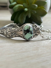 Load image into Gallery viewer, Handmade Vintage Up-Cycled Sterling Silver Spoon Bracelet with Butterfly Wing Variscite
