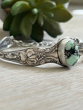 Load image into Gallery viewer, Handmade Vintage Up-Cycled Sterling Silver Spoon Bracelet with Butterfly Wing Variscite

