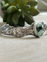 Load image into Gallery viewer, Handmade Vintage Up-Cycled Sterling Silver Spoon Bracelet with Butterfly Wing Variscite
