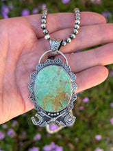 Load image into Gallery viewer, Handmade Western Themed Tyrone Turquoise Pendant on Sterling Silver Navajo Pearls
