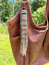 Load image into Gallery viewer, Handmade brown and turquoise long cowhide leather clip tassel
