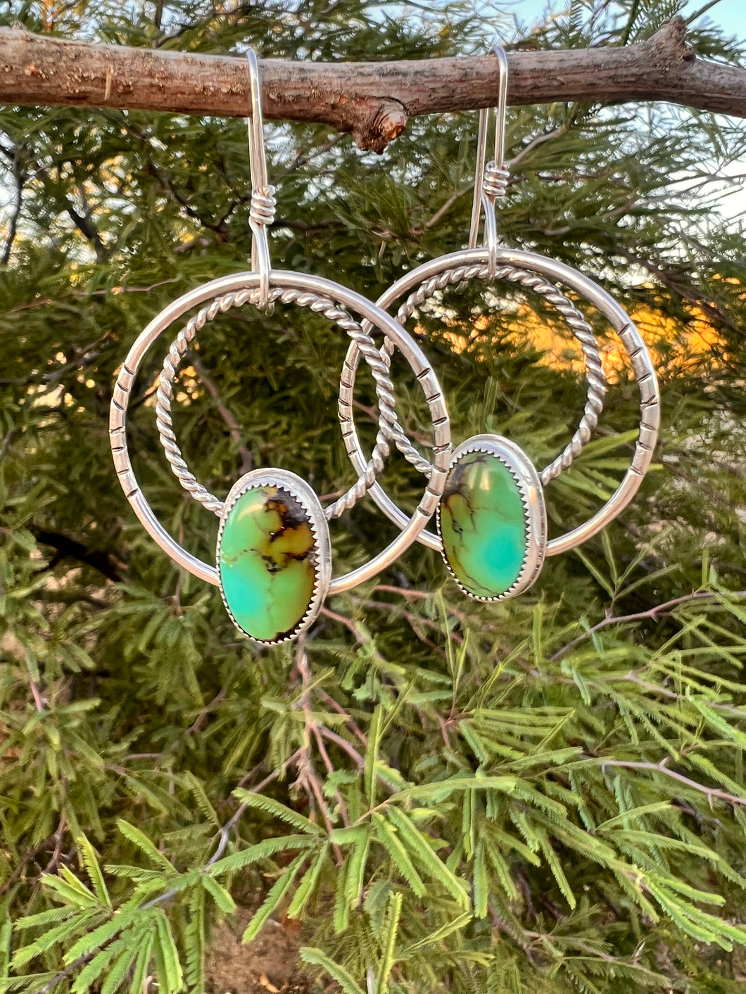 Sterling Silver Genuine Hubei Turquoise Hoop Earrings