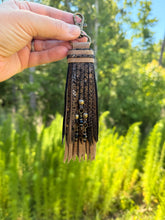 Load image into Gallery viewer, Handmade Leather Clip Tassel, Chocolate Opal and Distressed Fawn

