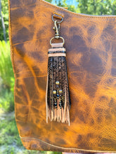 Load image into Gallery viewer, Handmade Leather Clip Tassel, Chocolate Opal and Distressed Fawn
