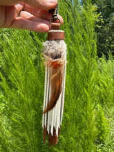 Load image into Gallery viewer, Handmade Leather Clip Tassel, Cafe and Bone with Feathers
