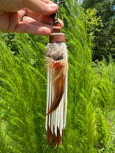 Load image into Gallery viewer, Handmade Leather Clip Tassel, Cafe and Bone with Feathers
