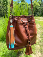 Load image into Gallery viewer, Handmade Leather Clip Tassel, Turquoise and Brown
