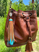 Load image into Gallery viewer, Handmade Leather Clip Tassel, Turquoise and Brown
