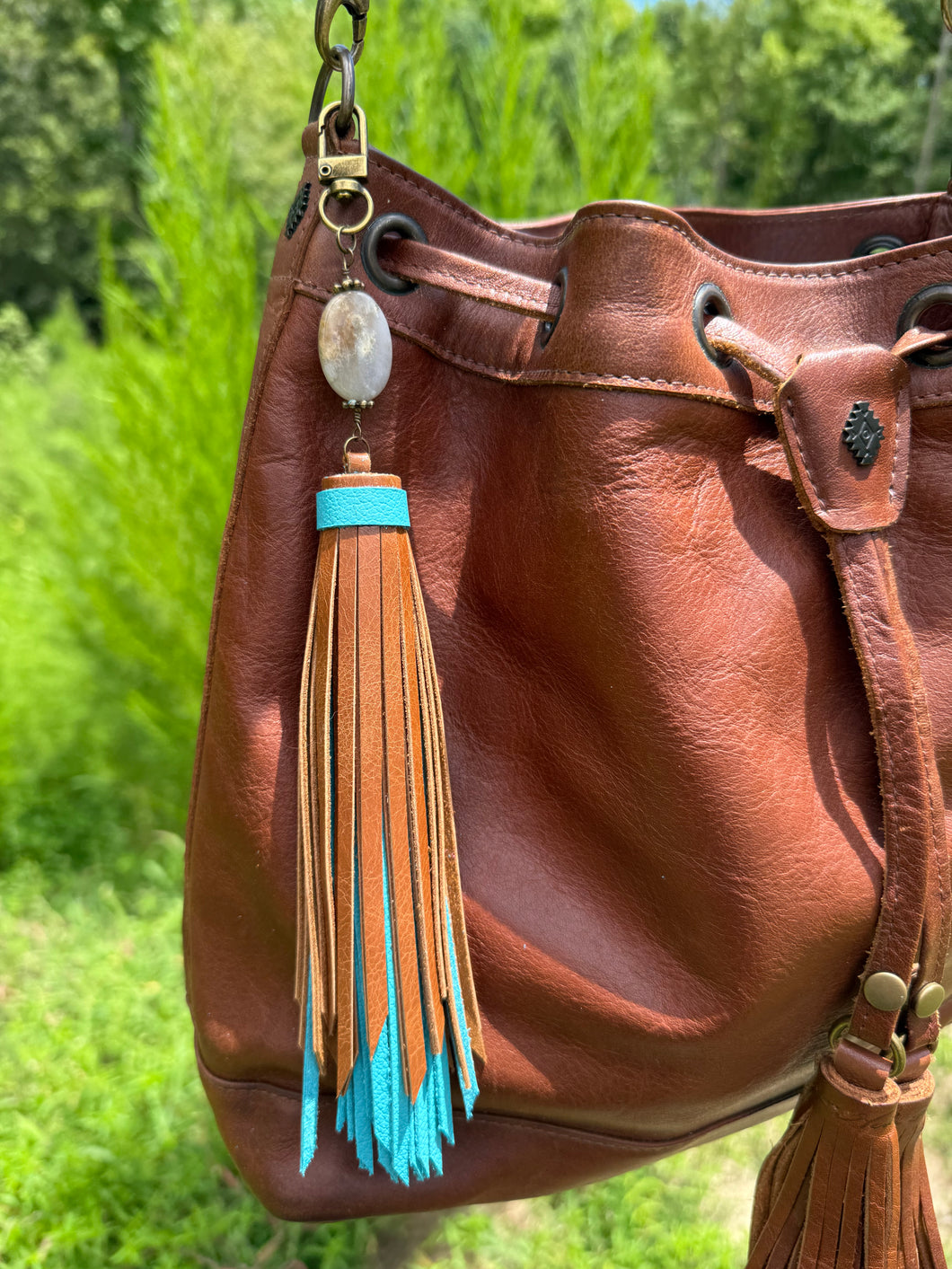 Handmade Leather Clip Tassel, Turquoise and Brown