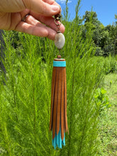 Load image into Gallery viewer, Handmade Leather Clip Tassel, Turquoise and Brown
