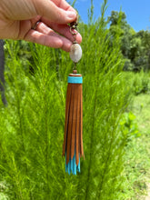 Load image into Gallery viewer, Handmade Leather Clip Tassel, Turquoise and Brown
