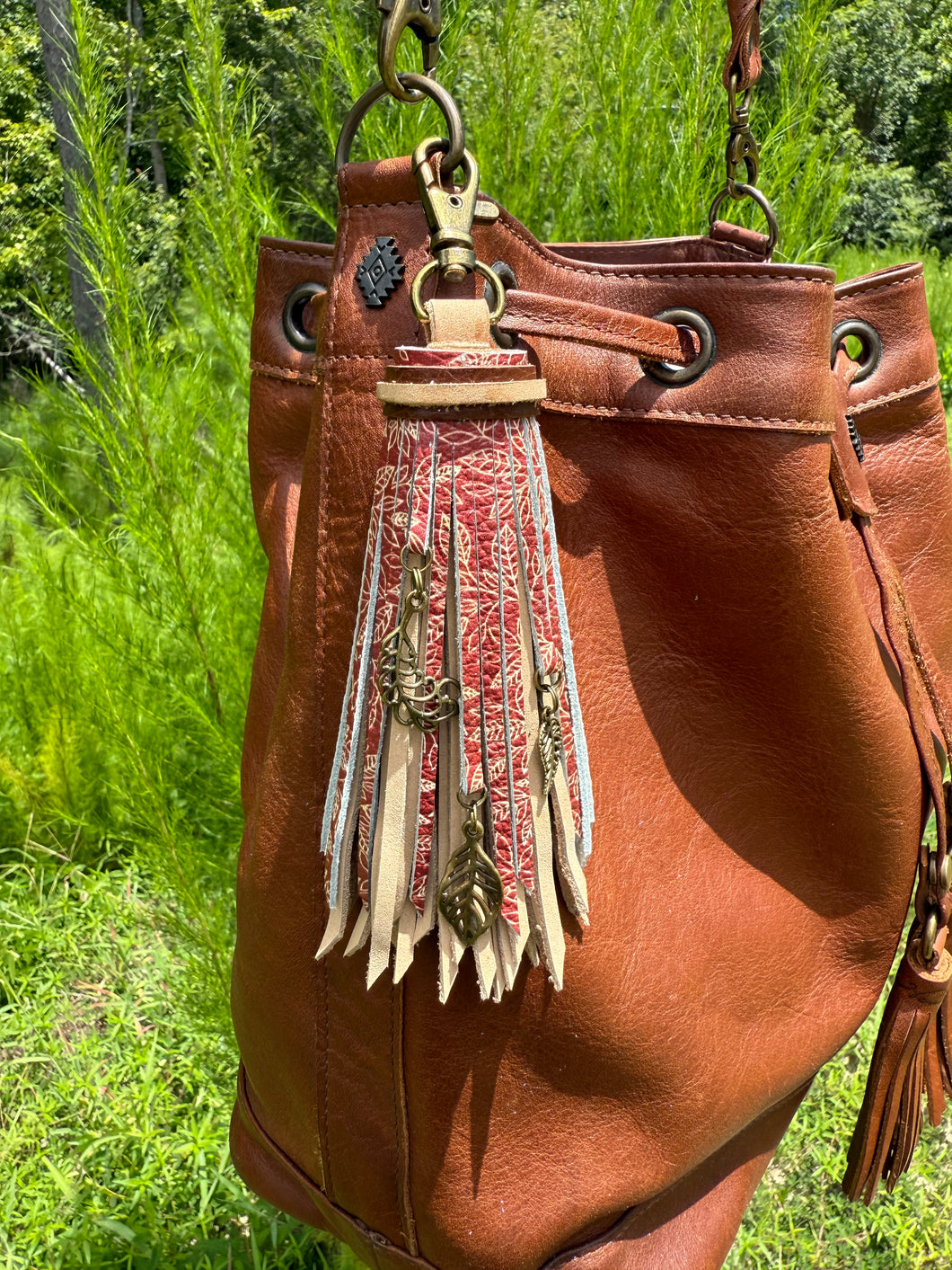 Handmade Leather Clip Tassel, Tan and Floral