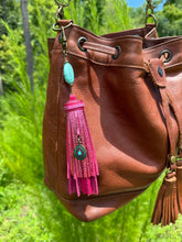 Load image into Gallery viewer, Handmade Leather Clip Tassel, Turquoise and Pink
