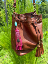 Load image into Gallery viewer, Handmade Leather Clip Tassel, Turquoise and Pink

