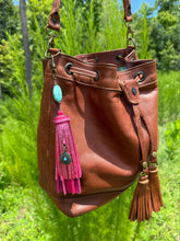 Load image into Gallery viewer, Handmade Leather Clip Tassel, Turquoise and Pink
