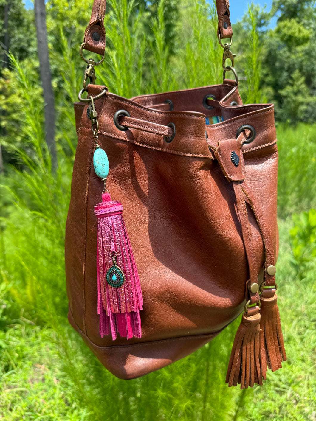 Handmade Leather Clip Tassel, Turquoise and Pink