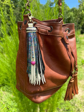 Load image into Gallery viewer, Handmade Leather Clip Tassel, Bone and Oil Slick

