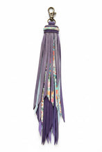 Load image into Gallery viewer, Handmade Purple, Purple Shimmer and Floral Leather Clip Tassel Keychain
