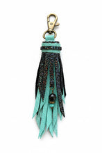 Load image into Gallery viewer, Clip Tassel- Teal and Oil Slick Cracked Ice Cowhide Leather with Gemstone Beaded Charm
