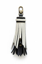 Load image into Gallery viewer, Mini Clip Tassel - Bone and Black Cowhide Leather with Genuine Blue Tigers Eye Stone Charm
