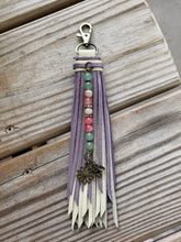 Load image into Gallery viewer, Handmade Leather Clip Tassel, Bone and Purple Sparkle
