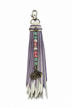 Load image into Gallery viewer, Handmade Leather Clip Tassel, Bone and Purple Sparkle

