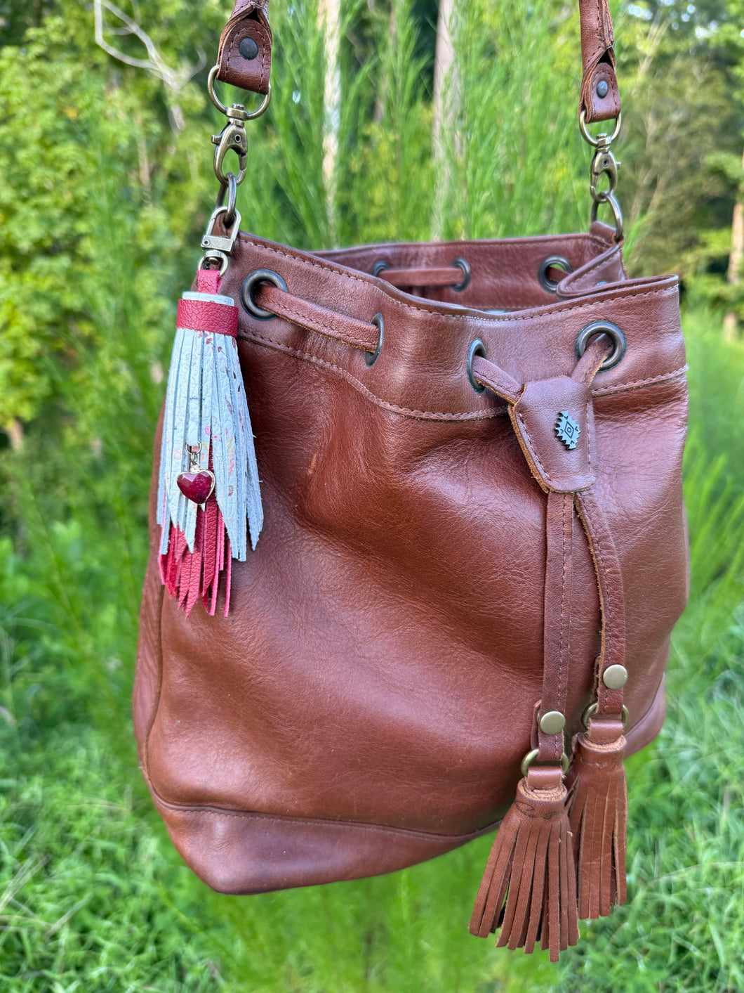 Handmade Leather Clip Tassel, Red and Floral
