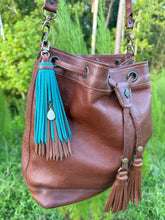 Load image into Gallery viewer, Handmade Leather Clip Tassel, Brown and Teal
