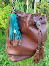 Load image into Gallery viewer, Handmade Leather Clip Tassel, Brown and Teal
