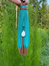 Load image into Gallery viewer, Handmade Leather Clip Tassel, Brown and Teal

