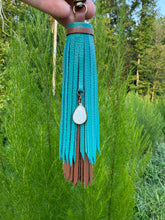 Load image into Gallery viewer, Handmade Leather Clip Tassel, Brown and Teal
