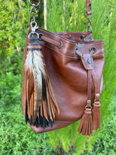 Load image into Gallery viewer, Handmade Leather Clip Tassel, Cafe and Black with Feathers
