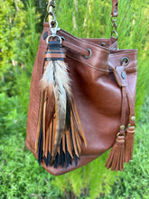 Load image into Gallery viewer, Handmade Leather Clip Tassel, Cafe and Black with Feathers
