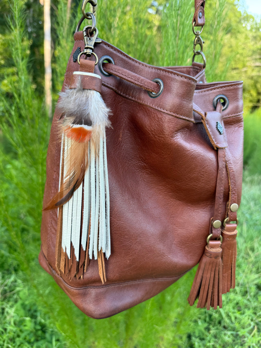 Handmade Leather Clip Tassel, Cafe and Bone with Feathers