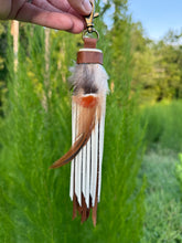 Load image into Gallery viewer, Handmade Leather Clip Tassel, Cafe and Bone with Feathers
