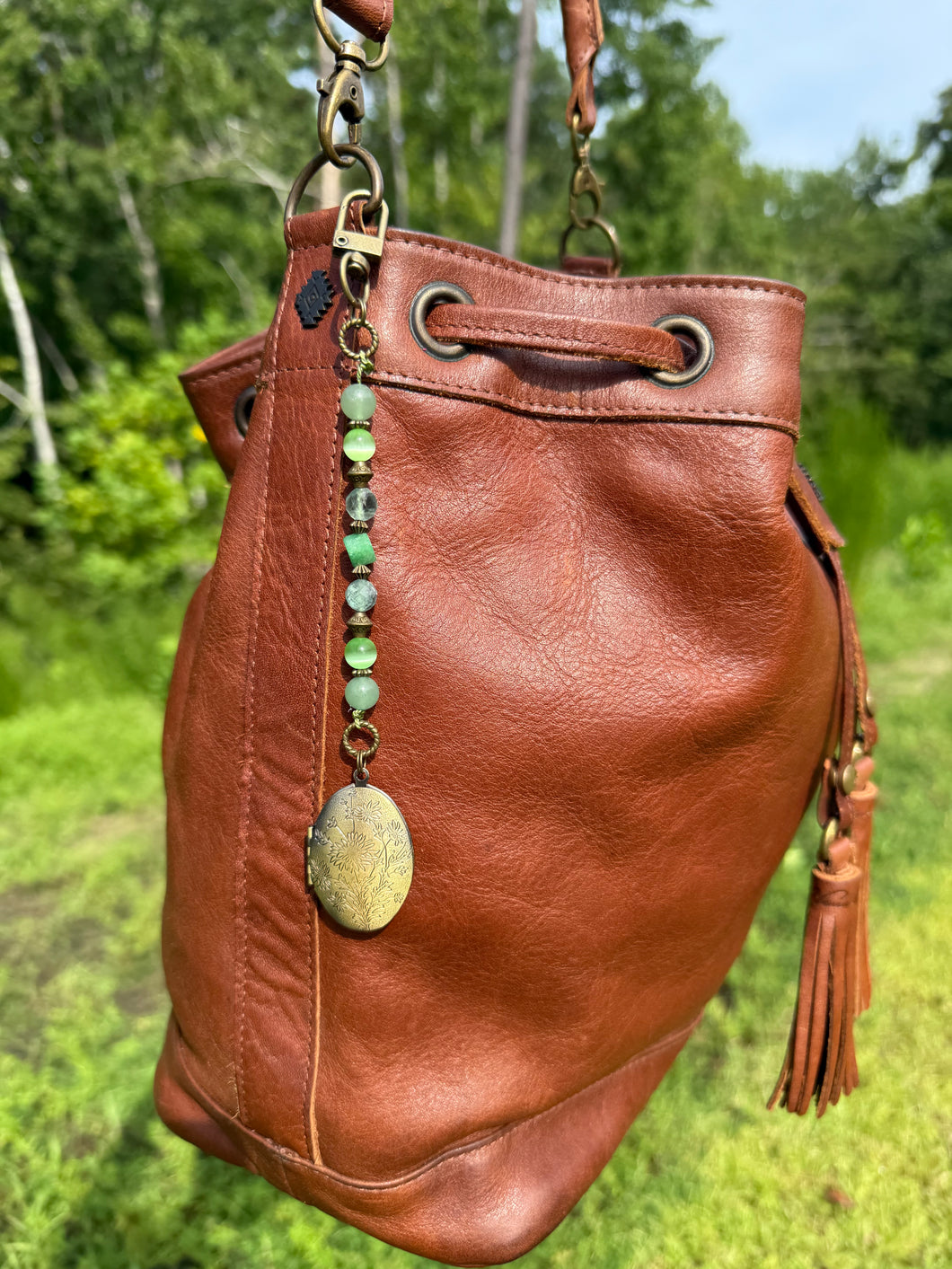 Handmade Bag Charm, Oval Locket with Gemstone Strand