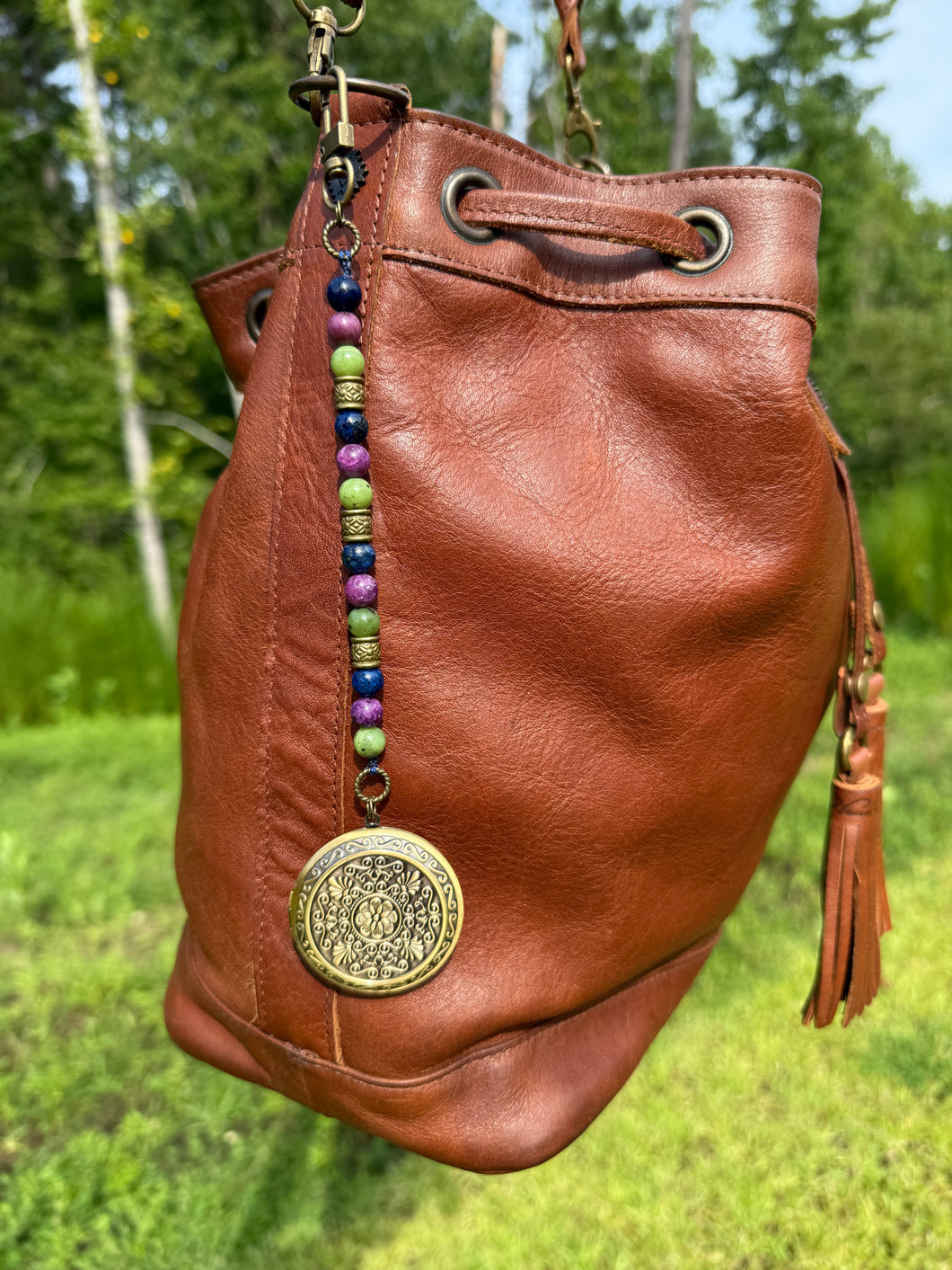 Handmade Bag Charm, Round Locket with Gemstone Strand