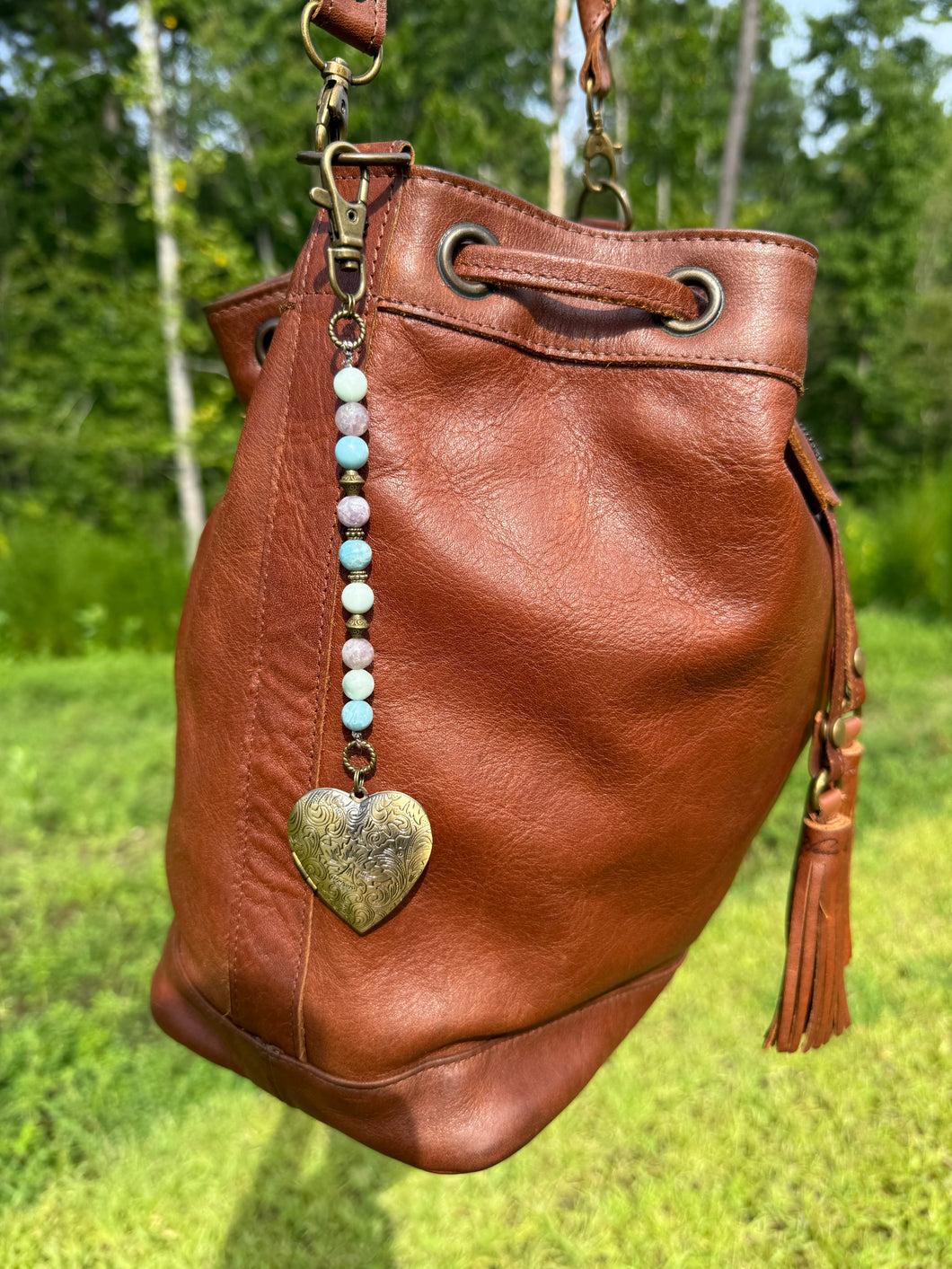 Handmade Bag Charm, Heart Locket with Gemstone Strand