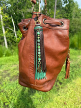 Load image into Gallery viewer, Handmade Leather Clip Tassel, Dark Brown and Forest Green
