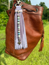 Load image into Gallery viewer, Handmade Leather Clip Tassel, Lavender and Purple Sparkle
