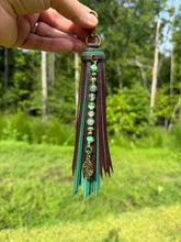 Load image into Gallery viewer, Handmade Leather Clip Tassel, Dark Brown and Forest Green
