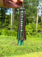 Load image into Gallery viewer, Handmade Leather Clip Tassel, Dark Brown and Forest Green
