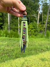Load image into Gallery viewer, Handmade Leather Clip Tassel, Lime Green and Navy Blue

